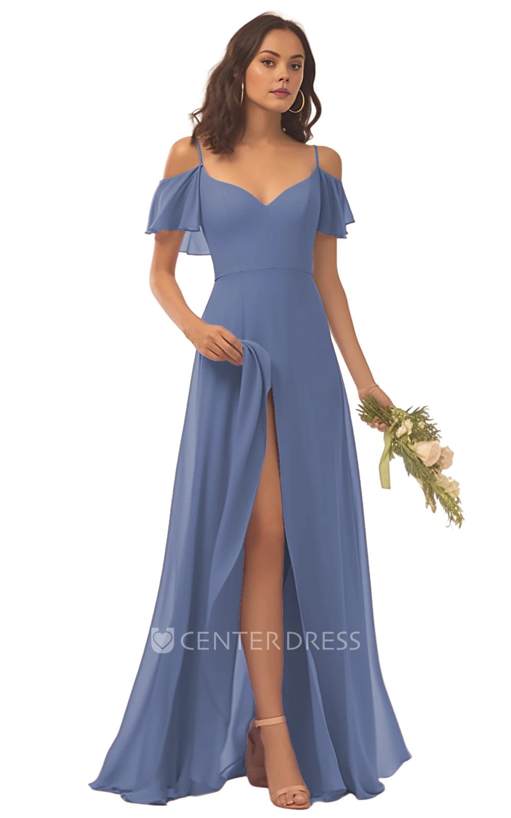 Spaghetti Chiffon Bridesmaid Dress with A-Line and Split Front Beautiful and Modern