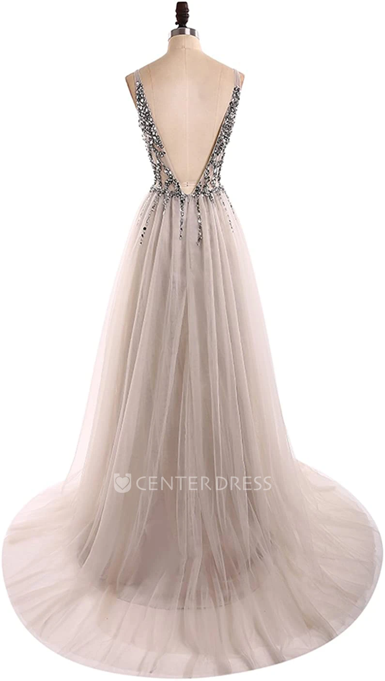 Tulle Floor-length Court Train V-neck A Line Sleeveless Prom Dress With Beading