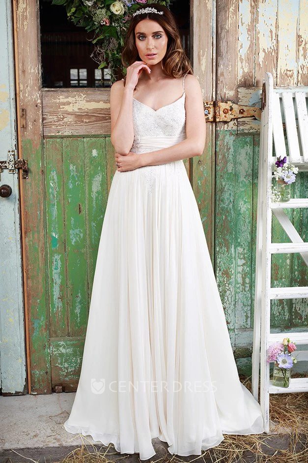 Pleated Spaghetti Long Chiffon Wedding Dress With Appliques And Corset Back