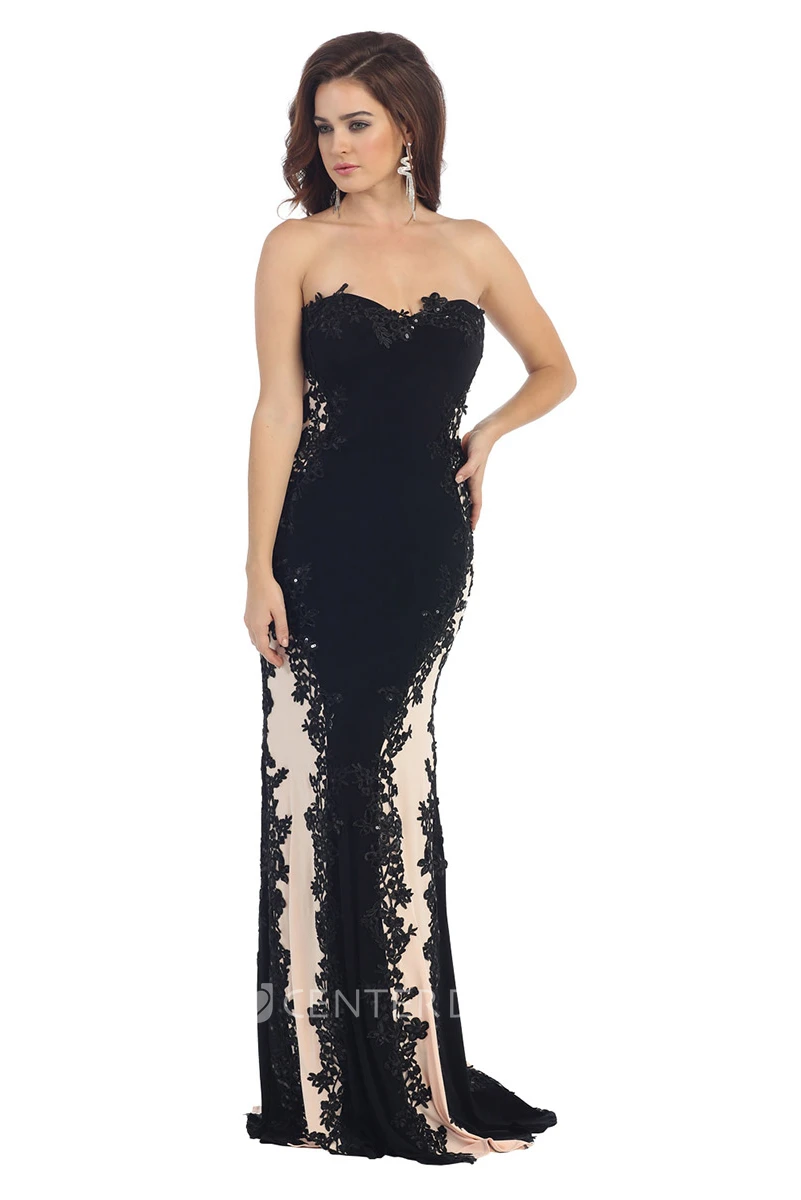 Pencil Floor-Length Strapless Sleeveless Lace Jersey Dress With Appliques