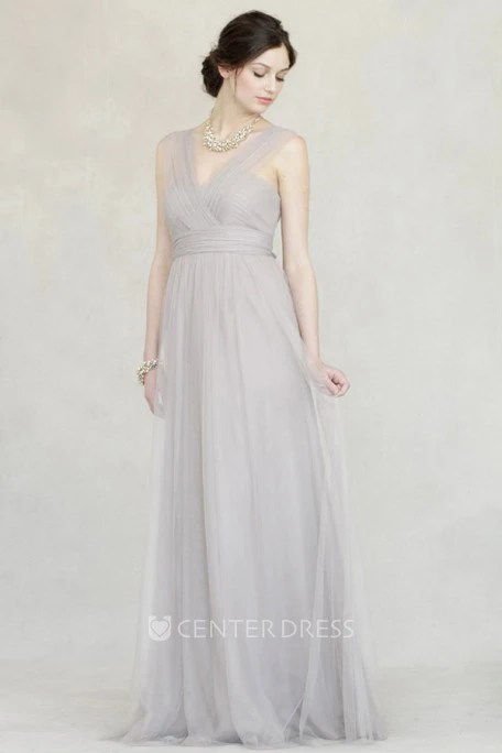 Sleeveless Criss-Cross V-Neck Empire Tulle Bridesmaid Dress With Straps