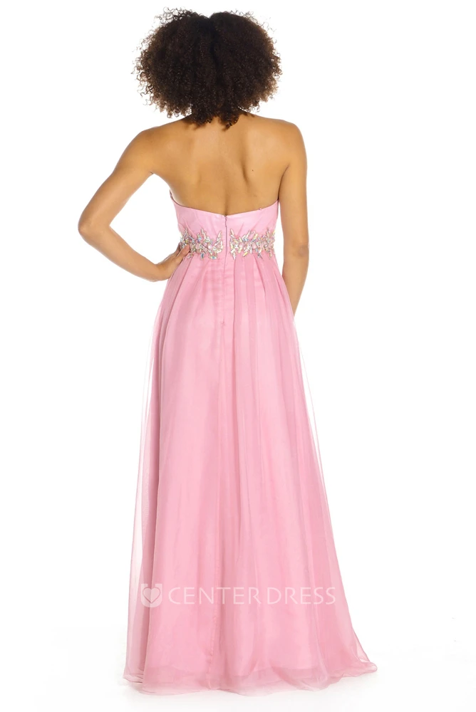 A-Line Ruched Long Sweetheart Sleeveless Prom Dress With Waist Jewellery