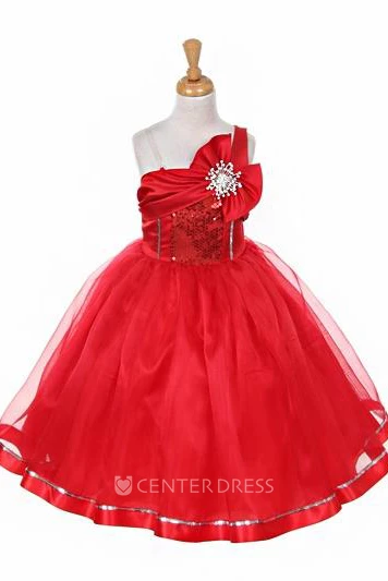 Broach Tea-Length Bowed Tiered Sequins&Organza Flower Girl Dress With Sash