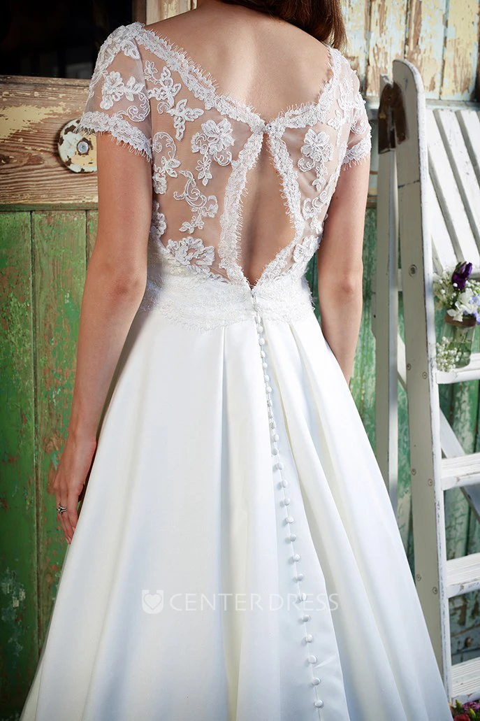 Scoop-Neck Appliqued Short-Sleeve Floor-Length Satin&Lace Wedding Dress
