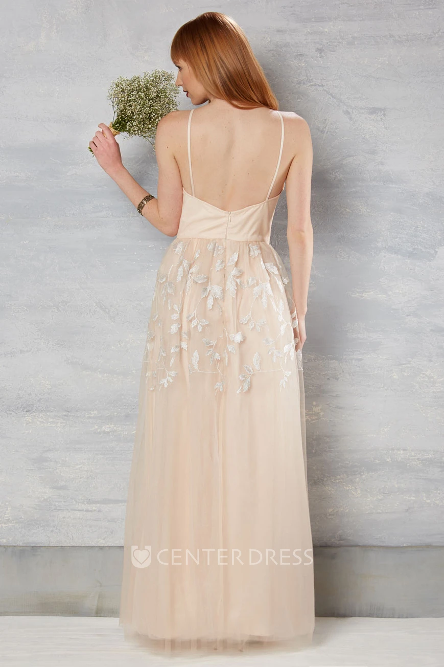 Sheath Spaghetti Tulle Wedding Dress With Deep-V Back