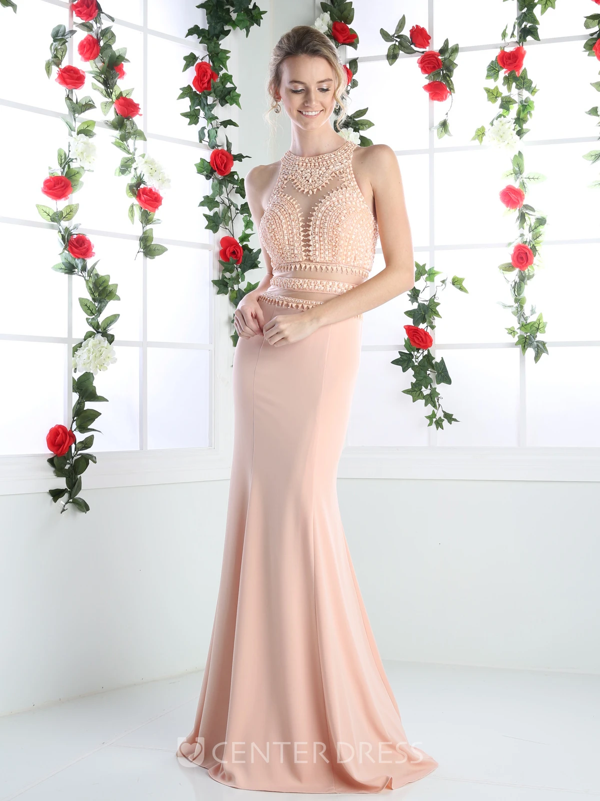 Sheath Jewel-Neck Sleeveless Jersey Keyhole Dress With Beading