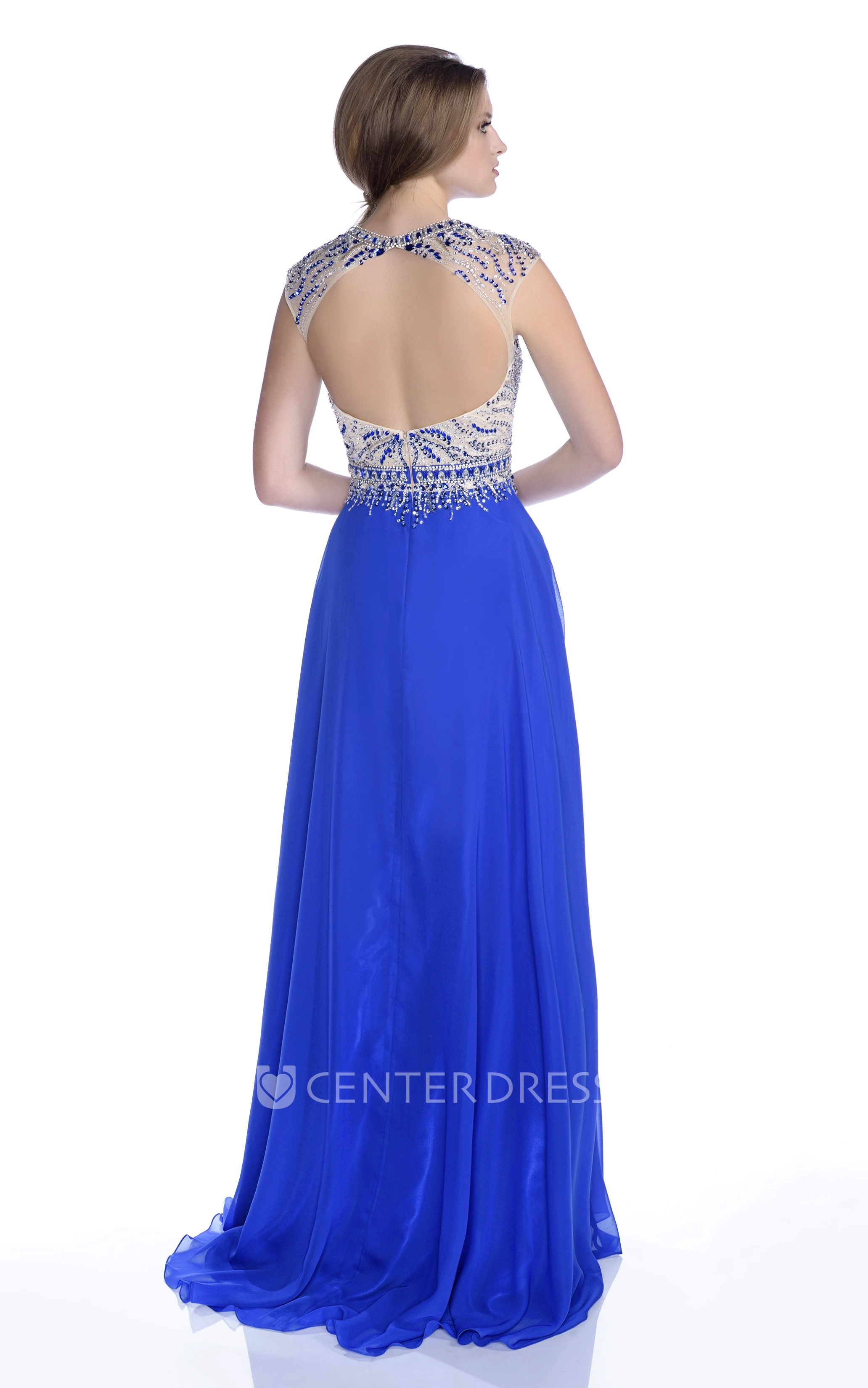 Sheath Cap Sleeve Chiffon Prom Dress Featuring Keyhole Back And Beaded Bodice