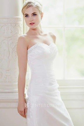 A-Line Draped Sweetheart Long Satin&Tulle Spring Wedding Dress With Beading And Corset Back