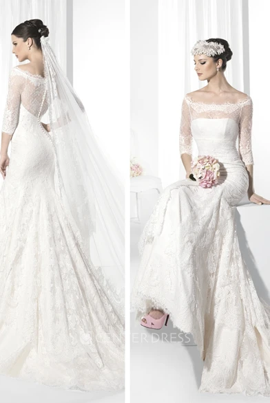 Sheath Tiered Bateau-Neck Half-Sleeve Lace Spring Wedding Dress With Illusion