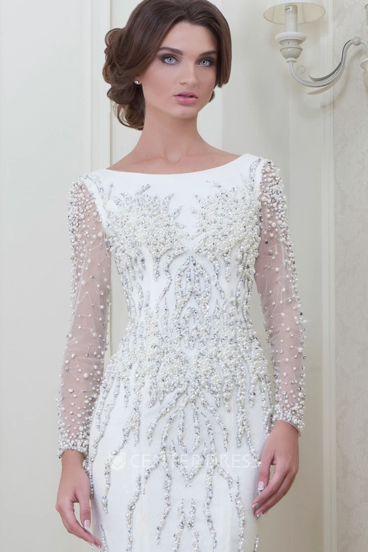 Sheath Floor-Length Beaded Long-Sleeve Jewel-Neck Tulle Evening Dress