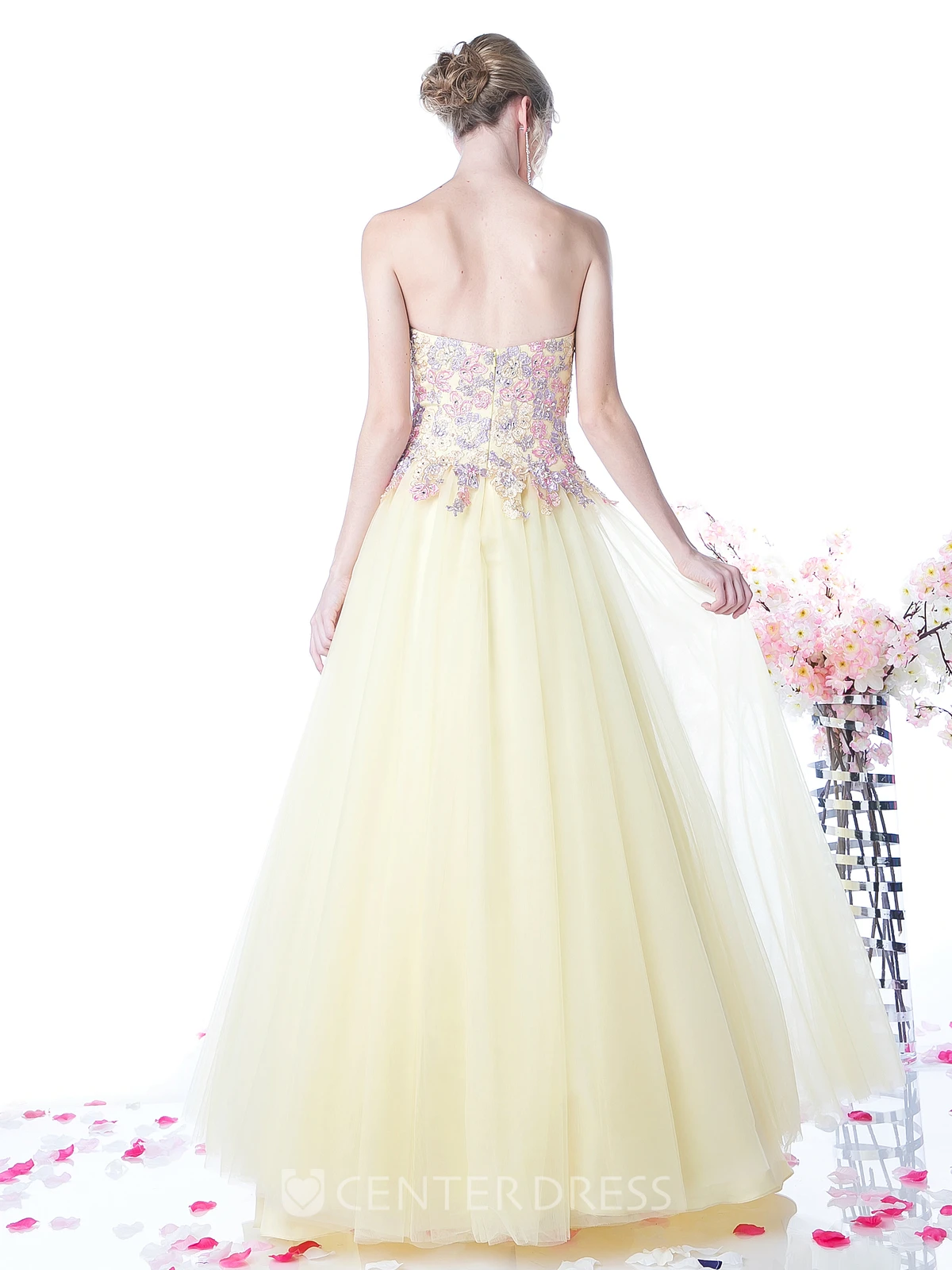 Ball Gown Strapless Tulle Satin Low-V Back Dress With Appliques And Beading