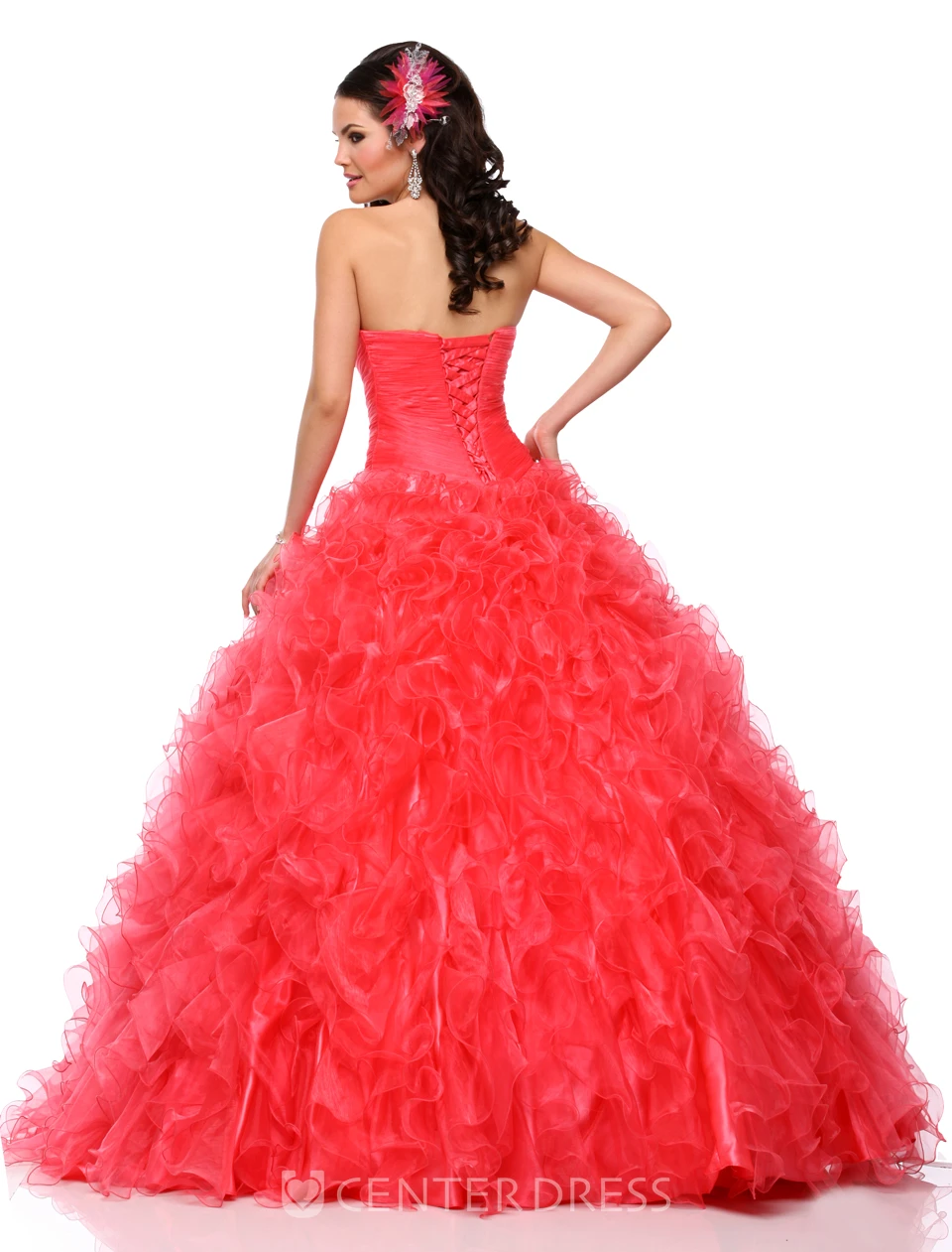Sweetheart Organza A-Line Ball Gown With Cascading Ruffles And Lace-Up Back
