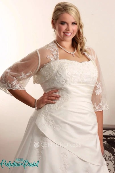 A-Line Long Off-The-Shoulder Satin Plus Size Wedding Dress With Appliques