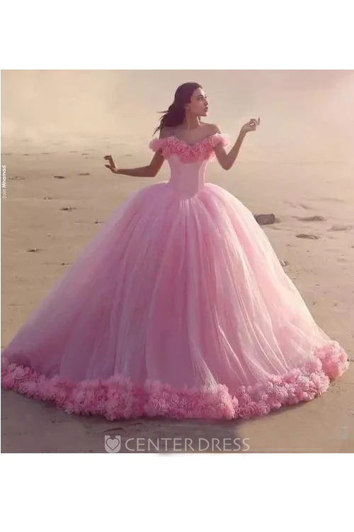 Cap Short Sleeve Off-the-shoulder Ball Gown Tulle Zipper Dress