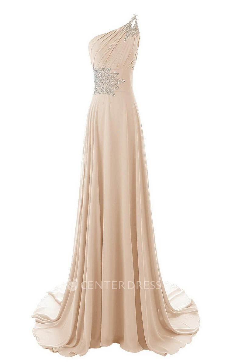 Beaded Brush Train Ruffled One-Shoulder Gown