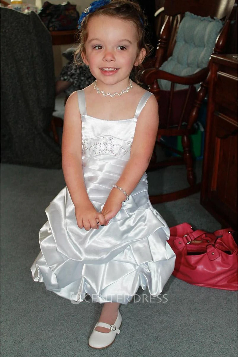 Floral Midi Pleated Beaded Satin Flower Girl Dress With Tiers