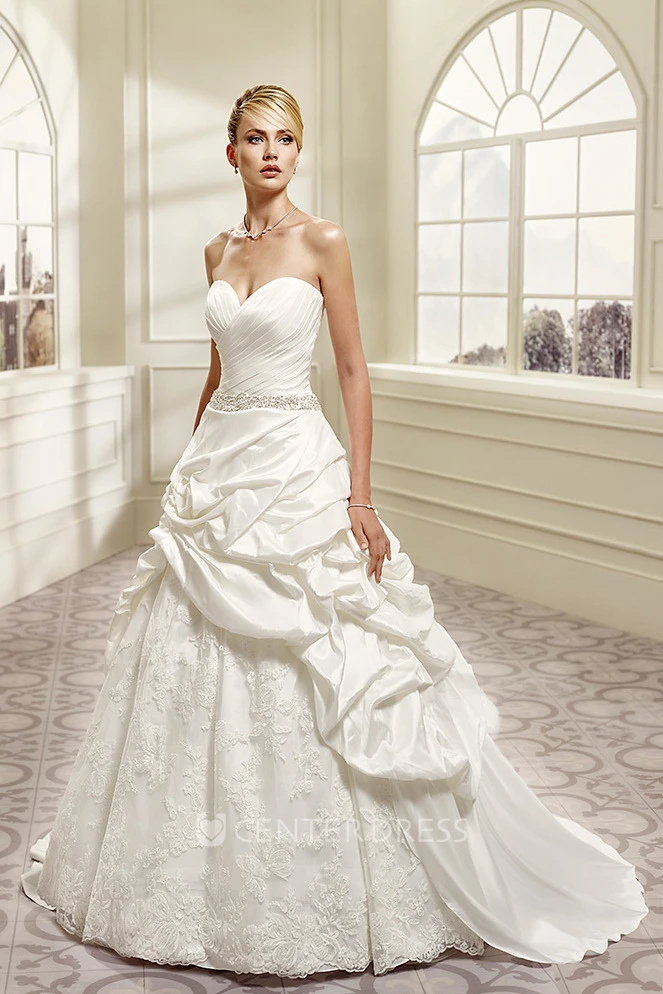 Sheath Sweetheart Jeweled Lace&Taffeta Wedding Dress With Criss Cross And Pick Up