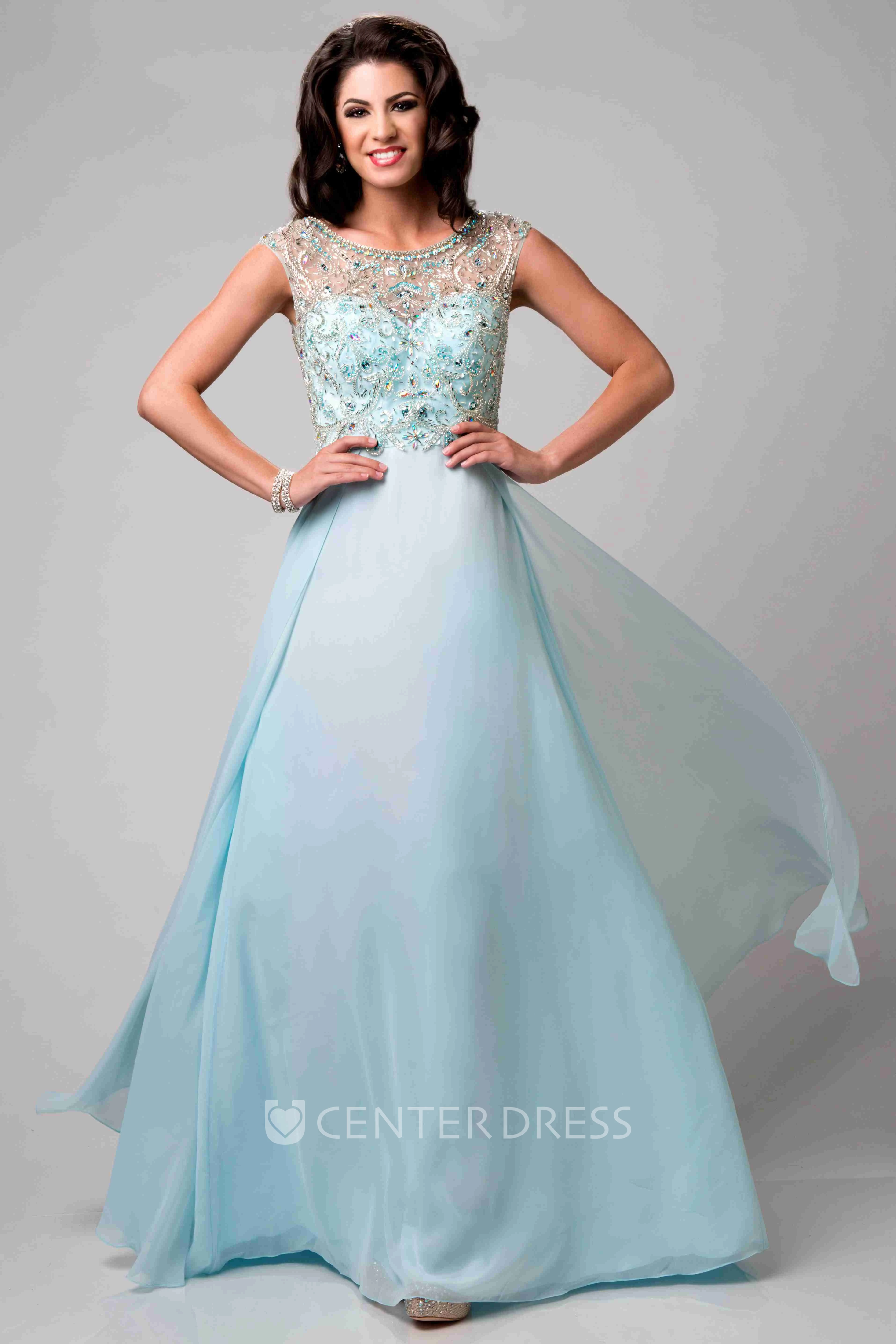 Beaded Bodice Cap Sleeve Chiffon Prom Dress With Bateau Neck
