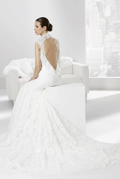 Sheath Appliqued Queen-Anne Floor-Length Lace Wedding Dress