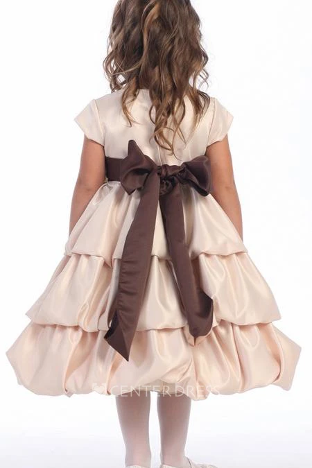 Tea-Length Tiered Cap-Sleeve Satin Flower Girl Dress