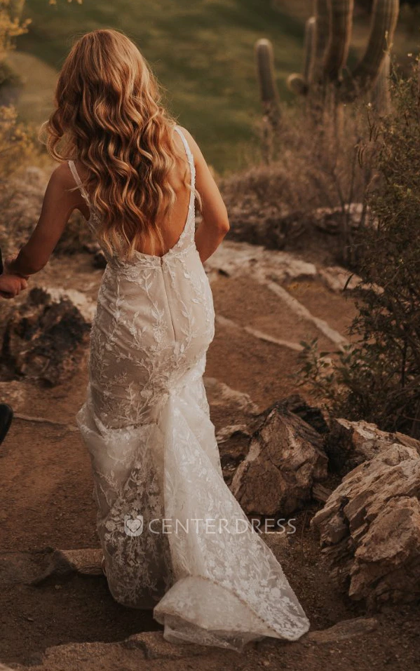 Elegant Lace Mermaid Warm Wedding Dress with V-neck and Sweep Train Simple and Ethereal