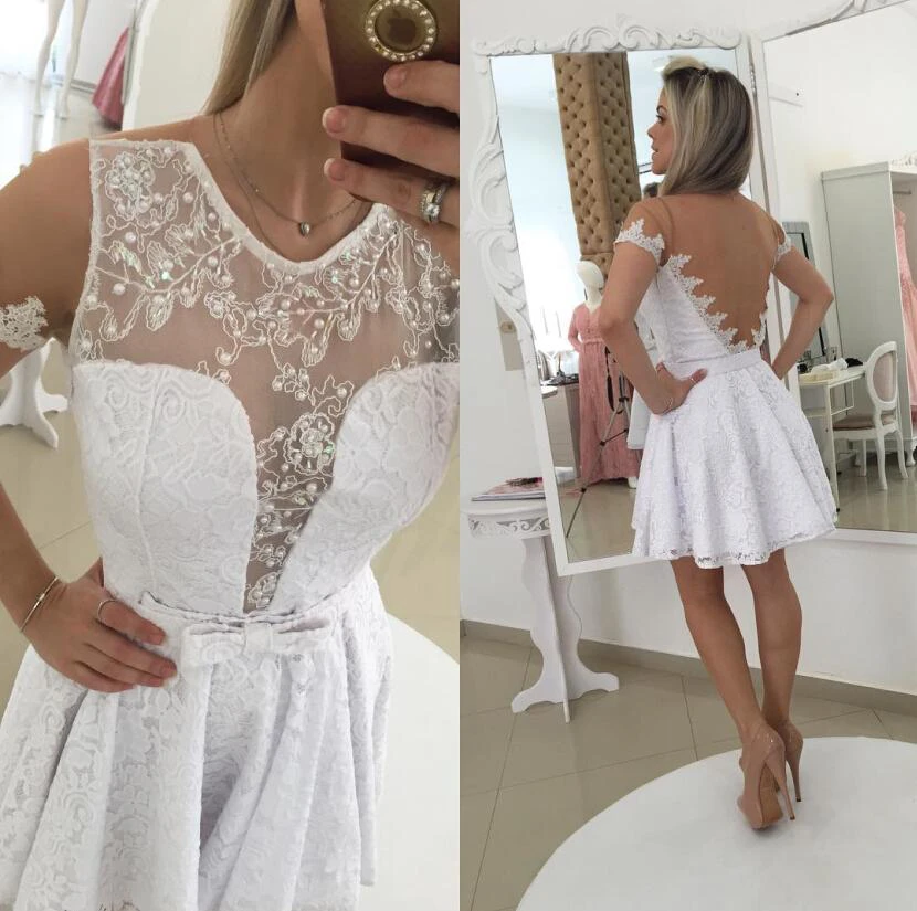 Modern Illusion White Short Cocktail Dress Lace Bowknot