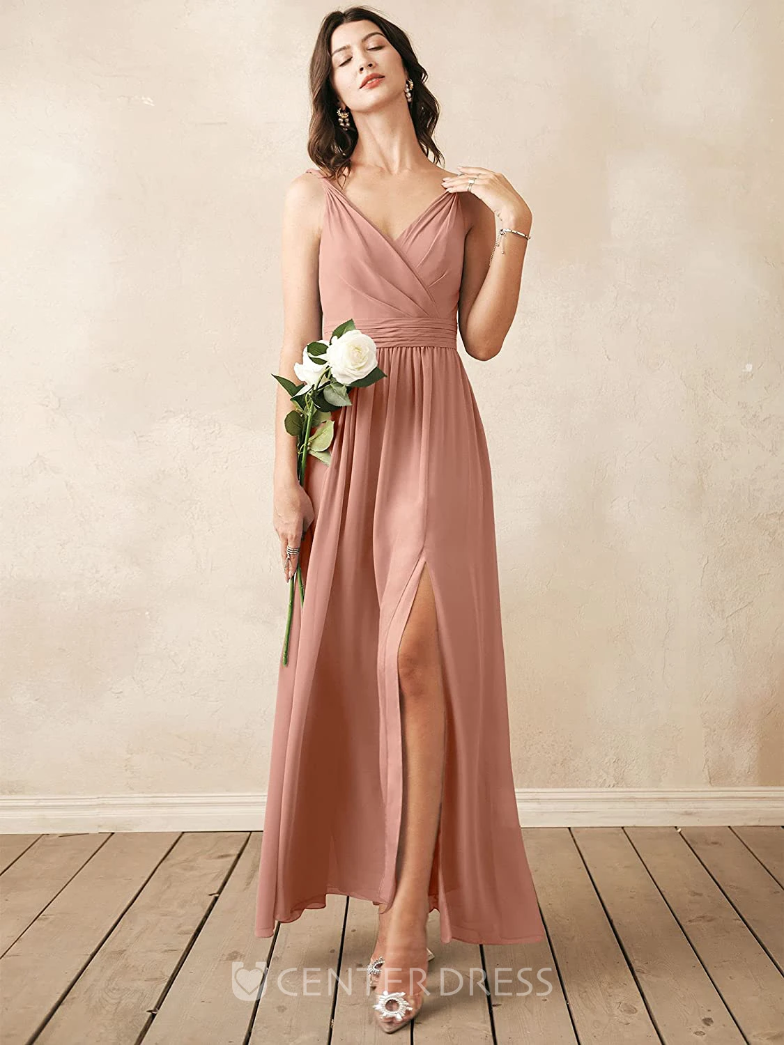 Sexy Chiffon Ankle-length V-neck A Line Sleeveless Bridesmaid Dress With Ruching