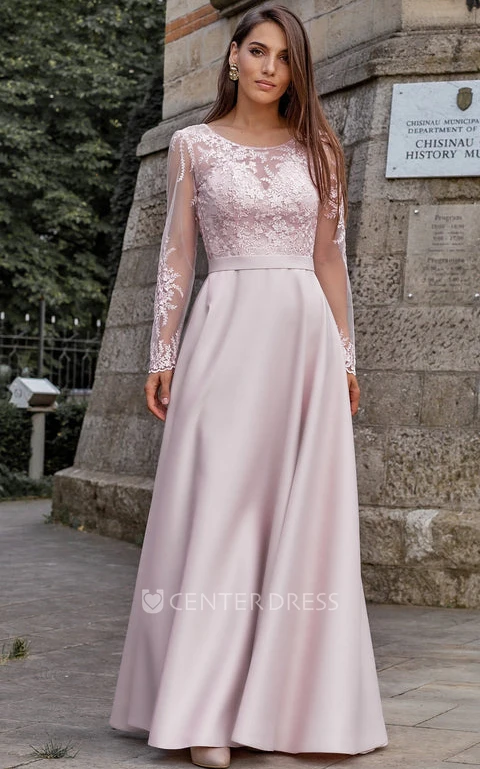 Simple A Line Lace Floor-length Long Sleeve Formal Dress with Ruching