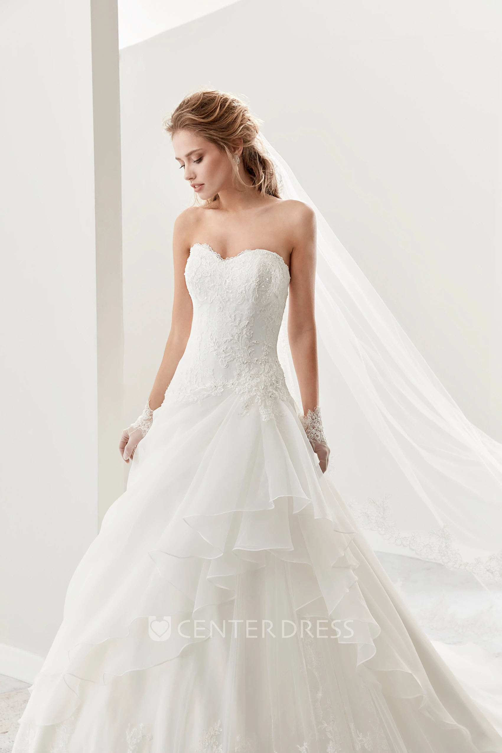 Sweetheart A-Line Lace Bridal Gown With Asymmetrical Ruffles Overlayer And Lace-Up Back