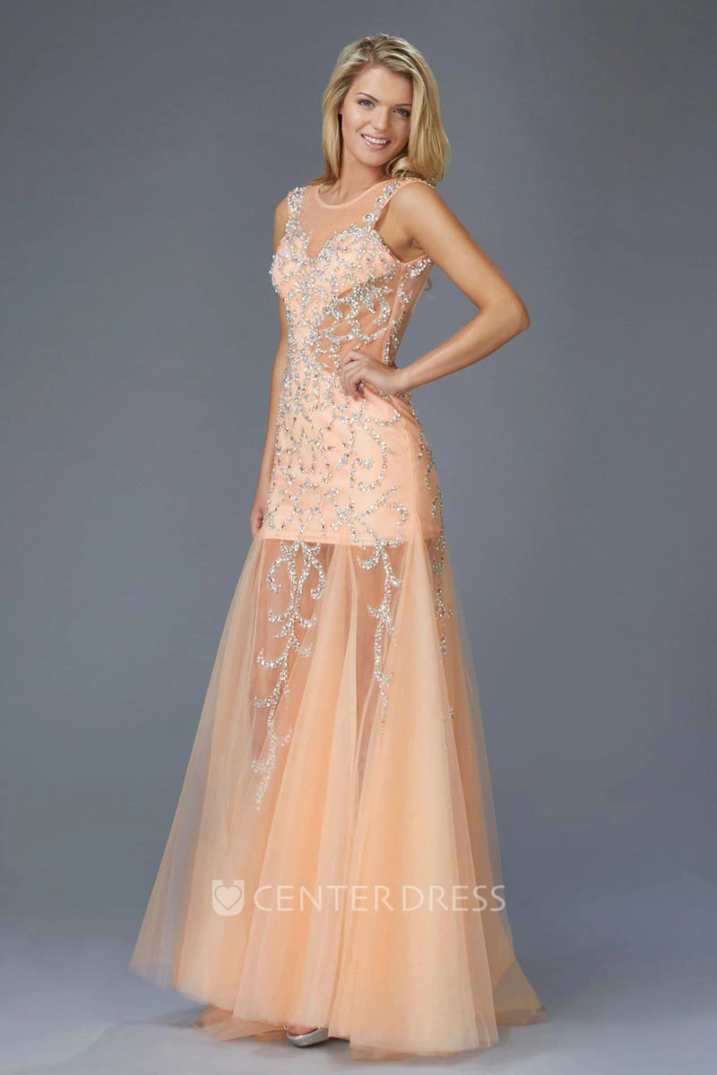 A-Line Maxi Scoop-Neck Sleeveless Tulle Low-V Back Dress With Beading