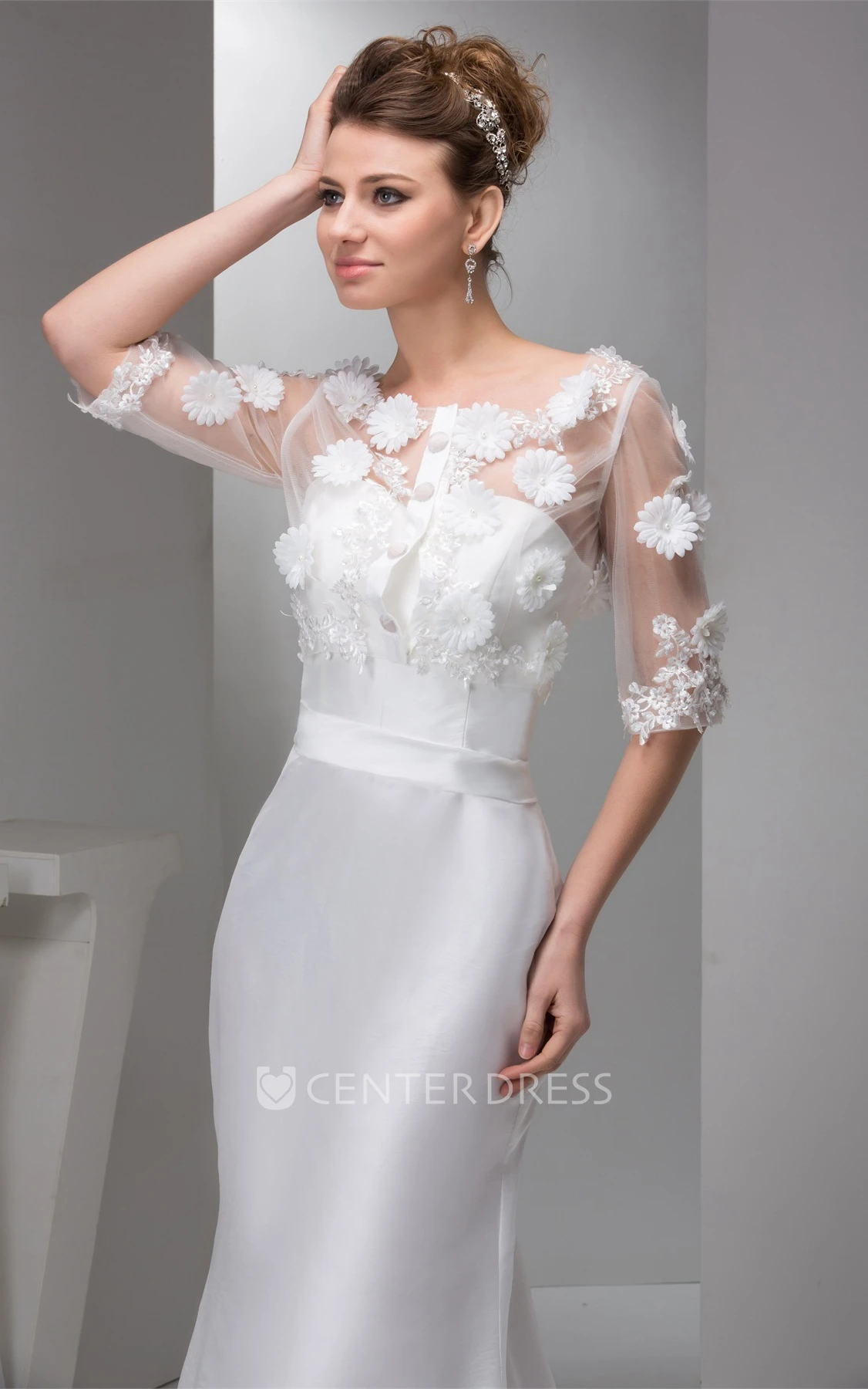 Floral Half-Sleeve Satin Mermaid Dress with Illusion Top
