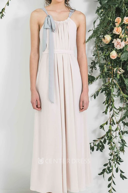 Ankle-Length Sleeveless Strapped Ribboned Chiffon Bridesmaid Dress