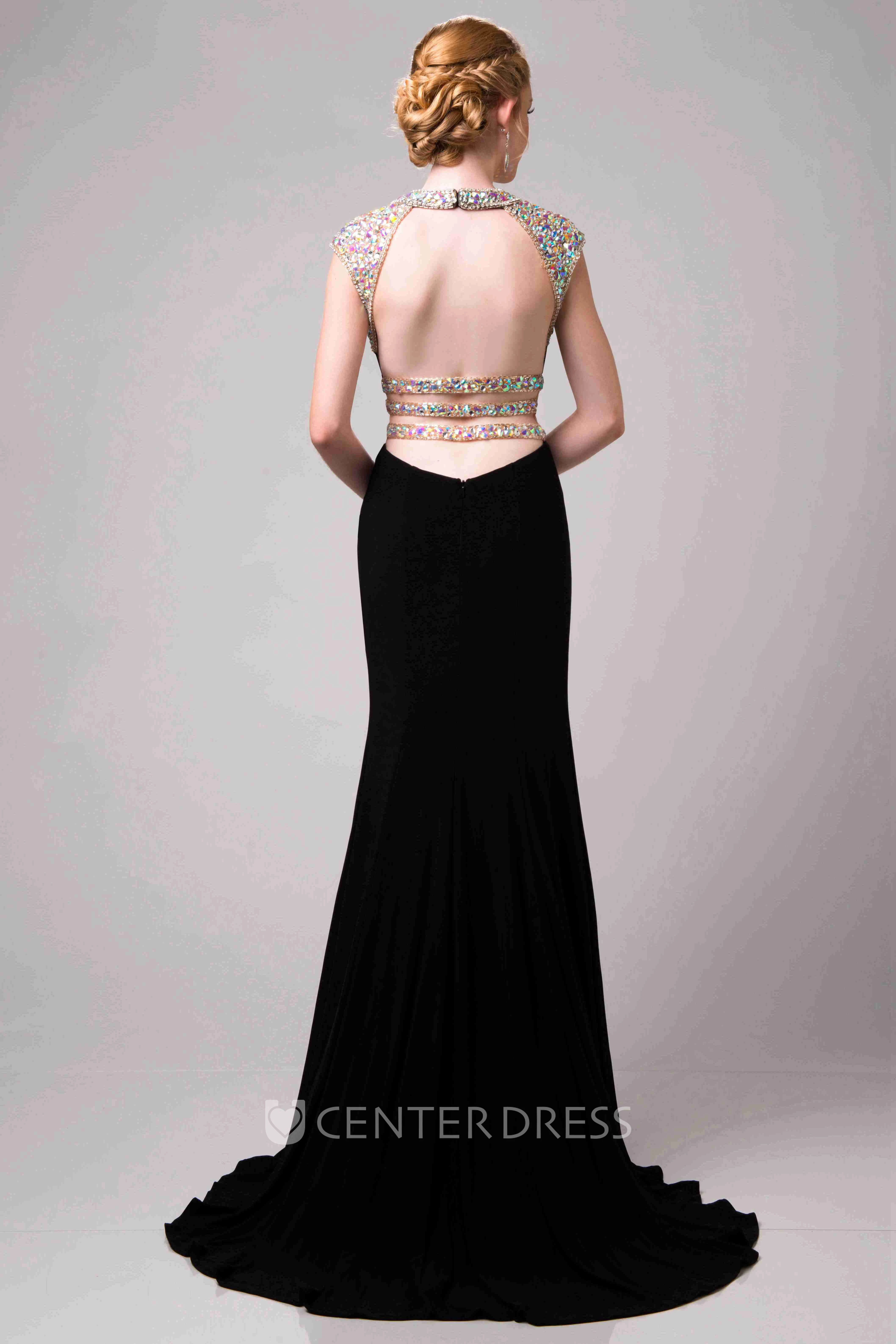 Side Slit Jewel Neck Chiffon Prom Dress Featuring Glimmering Waist And Shoulder