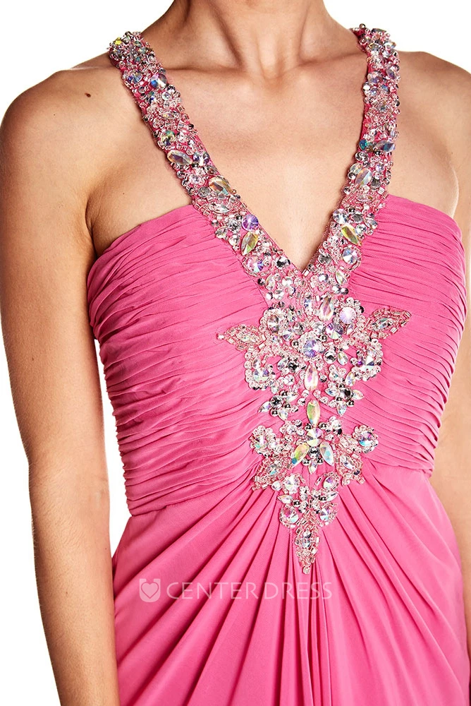 A-Line Sleeveless Ruched Floor-Length Empire Chiffon Prom Dress With Beading
