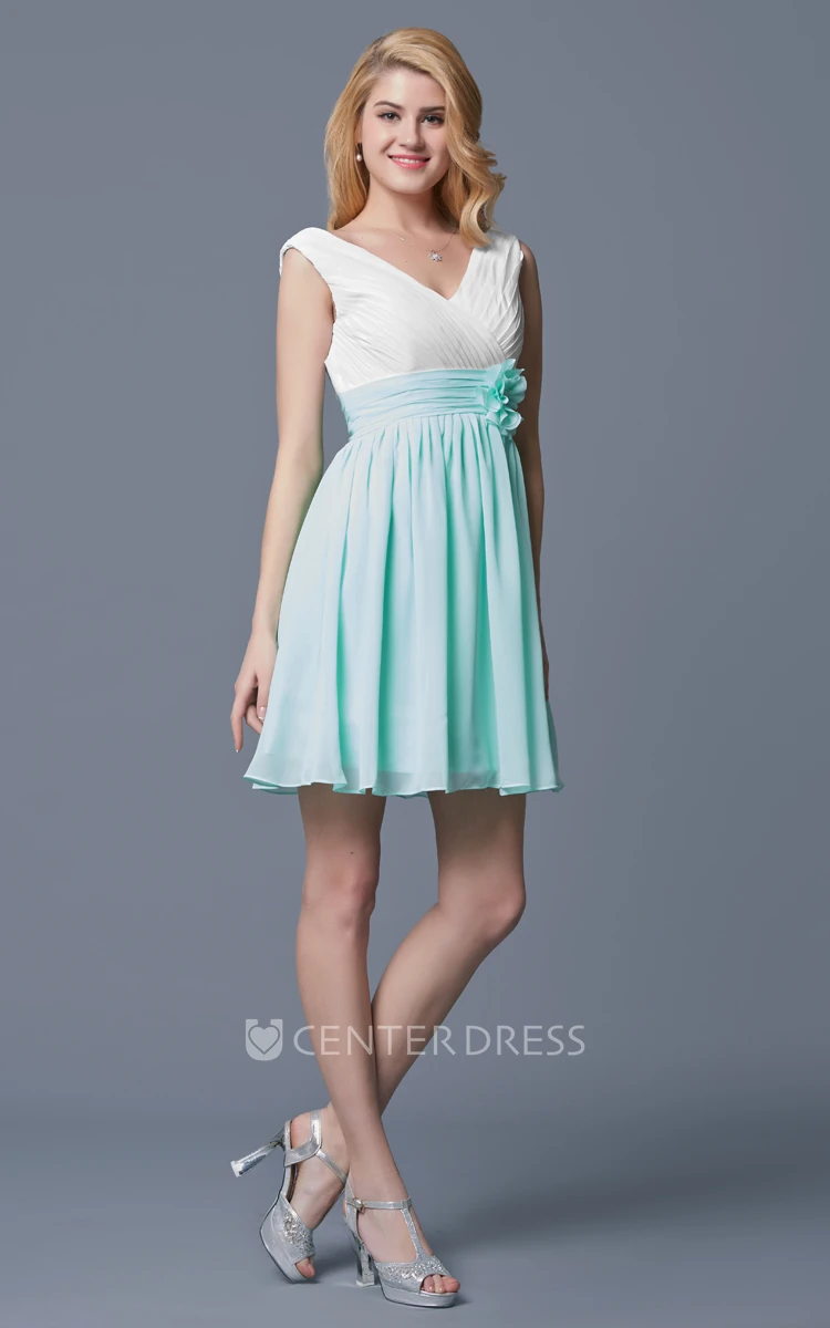 A-line Sleeveless Pleated Short Chiffon Dress With Flower Belt