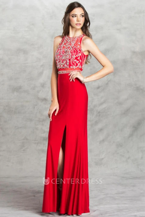 Sheath High Neck Sleeveless Jersey Illusion Dress With Beading And Split Front