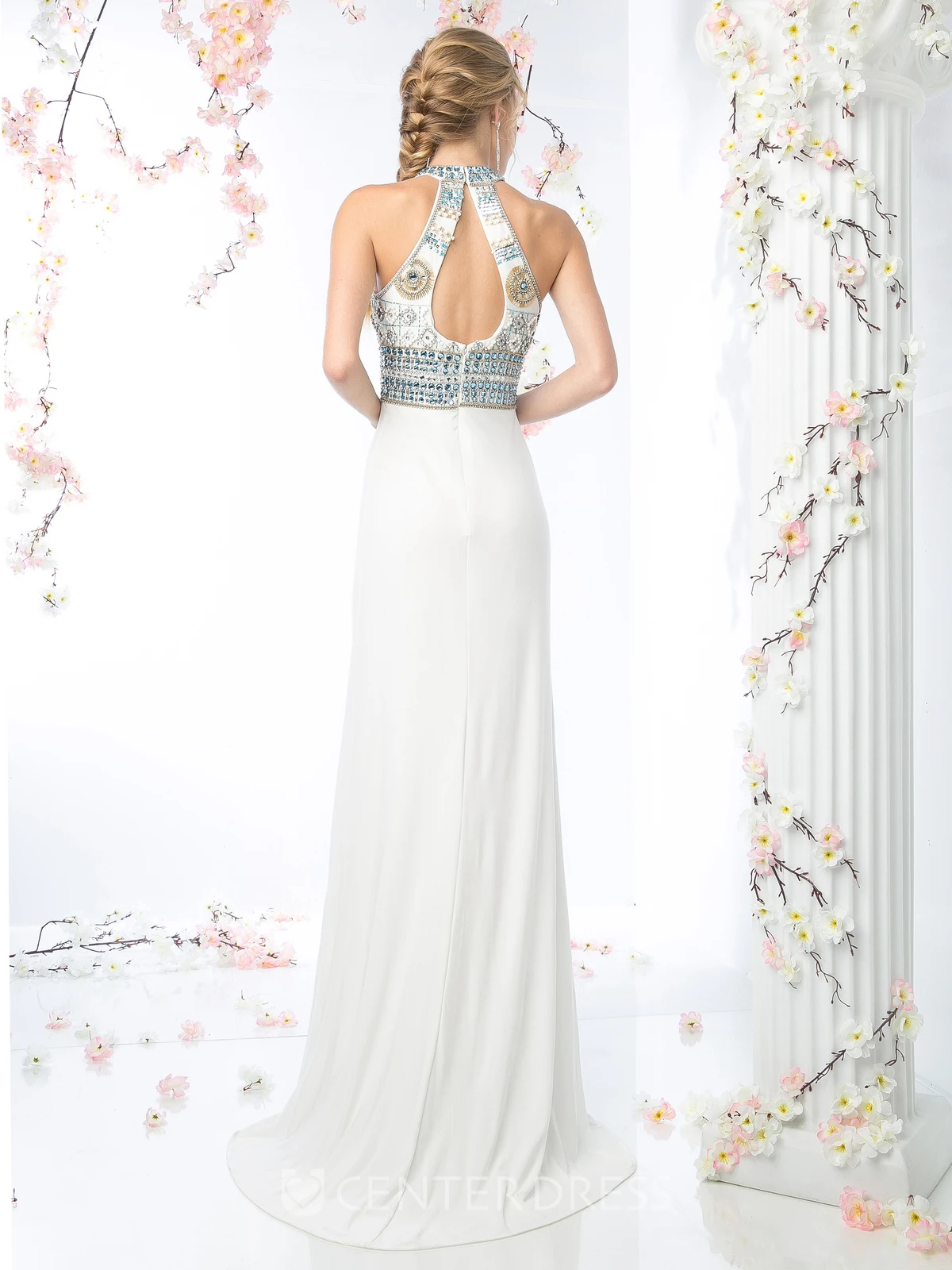 Sheath Long High Neck Sleeveless Jersey Keyhole Dress With Crystal Detailing