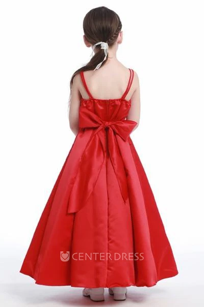 Floral Ankle-Length Beaded Floral Sequins&Satin Flower Girl Dress With Straps