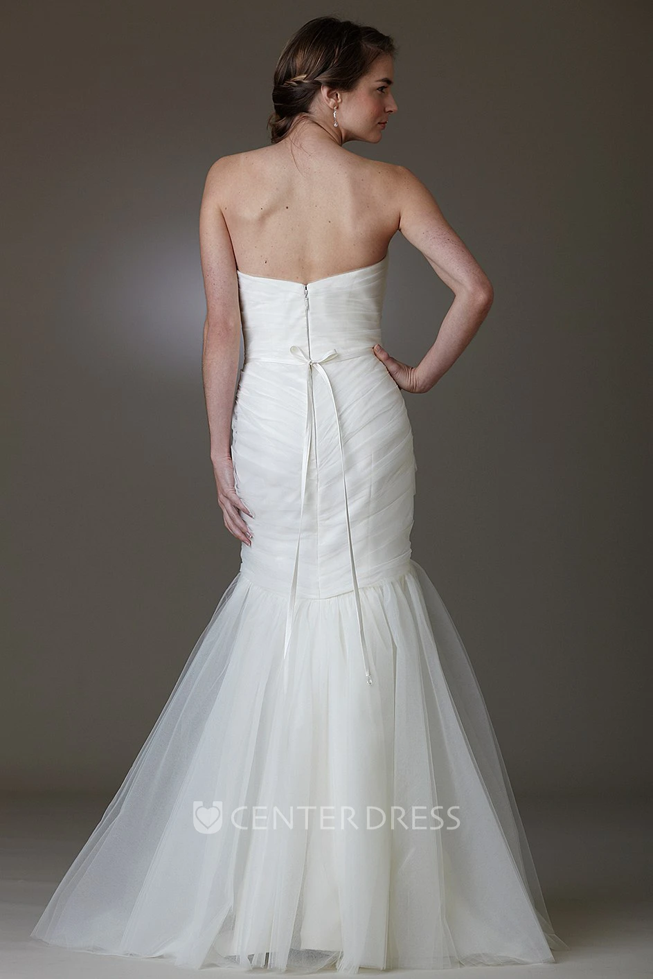 Mermaid Sleeveless Rufflesd Strapless Maxi Tulle Wedding Dress With Waist Jewellery