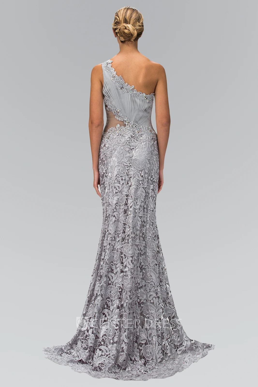 Sheath Floor-Length One-Shoulder Sleeveless Lace Dress With Ruching