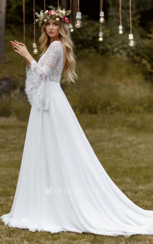 Ethereal A-Line V-Neck Lace Chiffon Spring Wedding Dress Elegant Backless Bridal Gown with Bell Sleeves