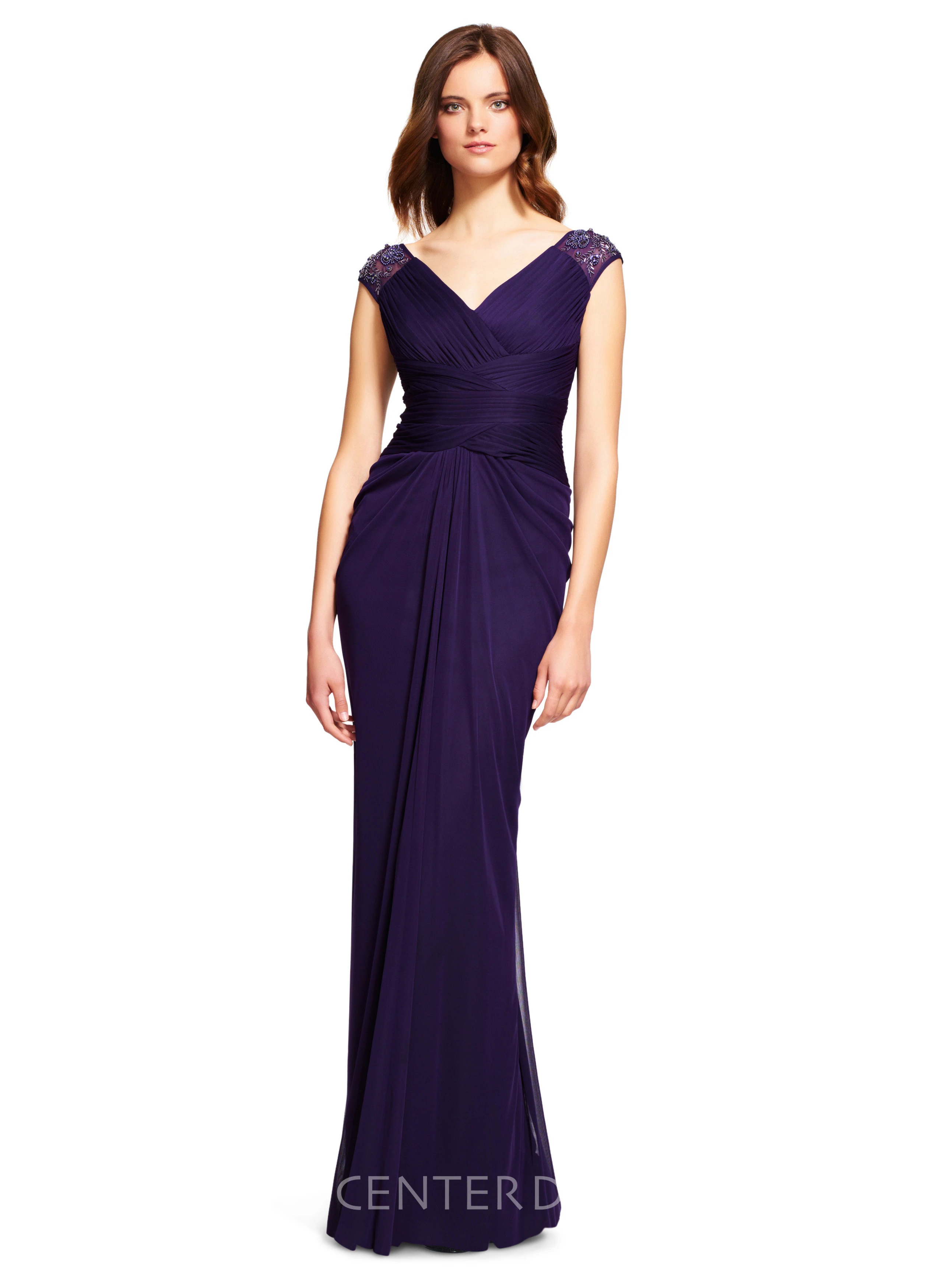 Pencil Cap-Sleeve Draped Floor-Length V-Neck Chiffon Bridesmaid Dress With Beading And V Back