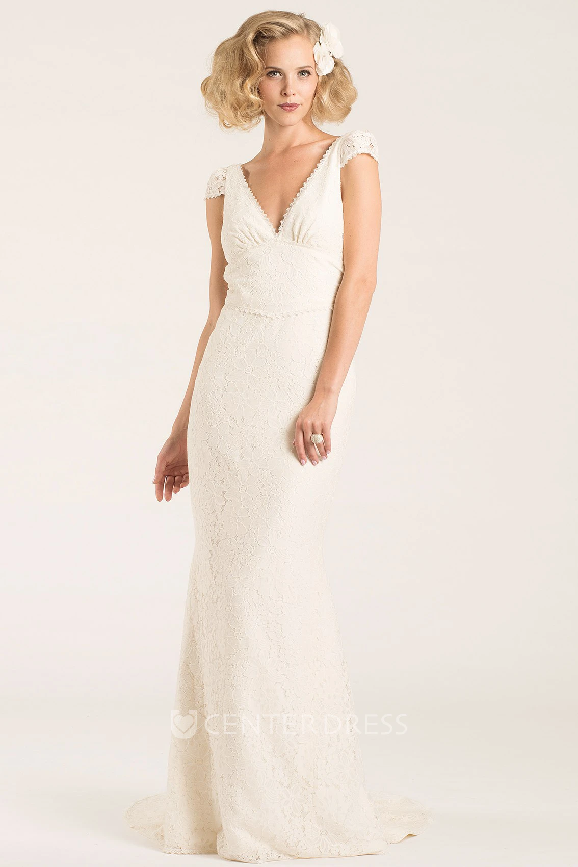 V-Neck Long Cap-Sleeve Lace Wedding Dress With Sweep Train And Backless