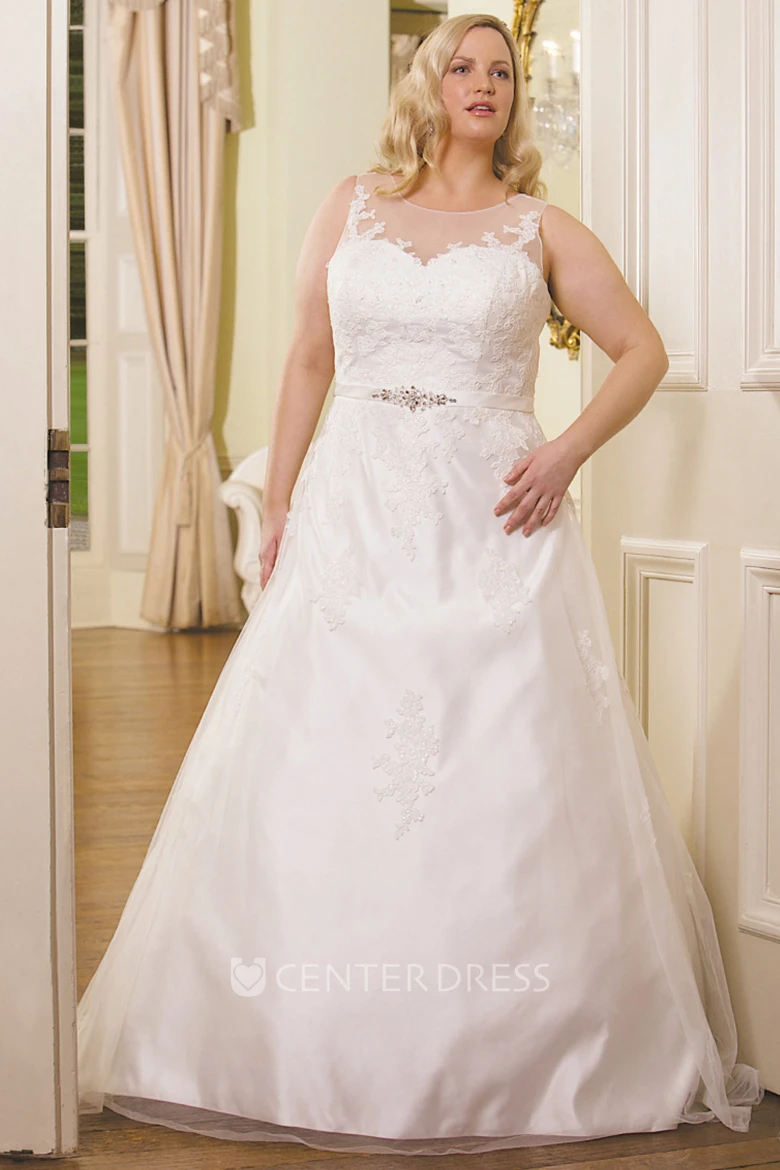 A-Line Scoop-Neck Sleeveless Appliqued Floor-Length Satin Plus Size Wedding Dress With Waist Jewellery