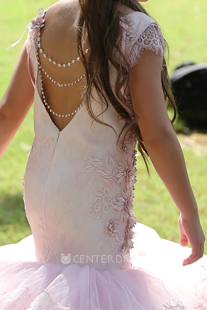 Mermaid Bateau Cap-Sleeve Tier Flower Girl Dress with Applique and Low-V Back