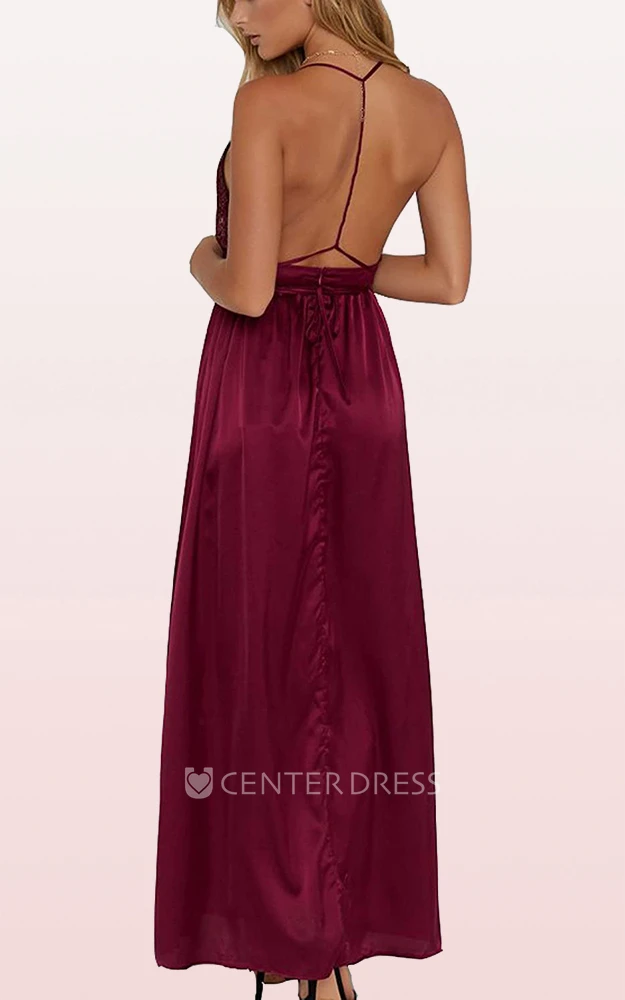 Romantic A Line Satin V-neck Cowel Guest Dress With Split Front and Ruffles