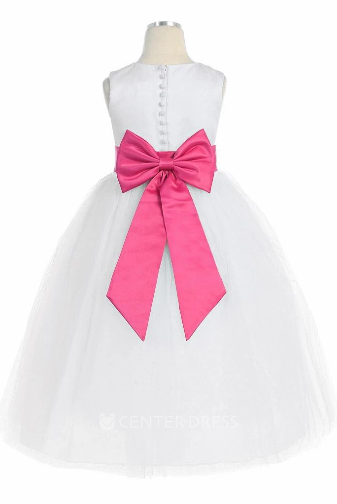 Tea-Length Sleeveless Bowed Tulle&Satin Flower Girl Dress