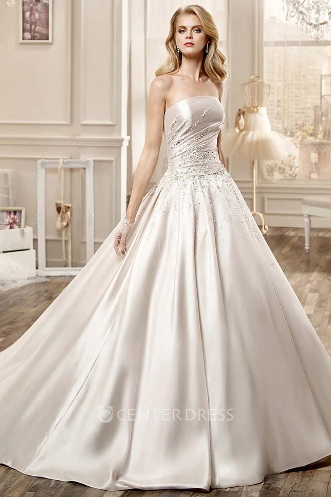 Strapless Satin Long Wedding Dress With Beading Embellishment And Chapel Train