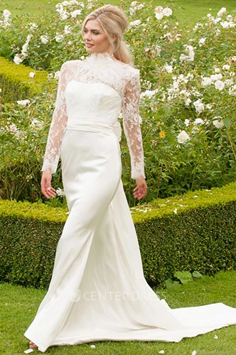 Long High Neck Long-Sleeve Floral Chiffon Wedding Dress With Sweep Train And V Back