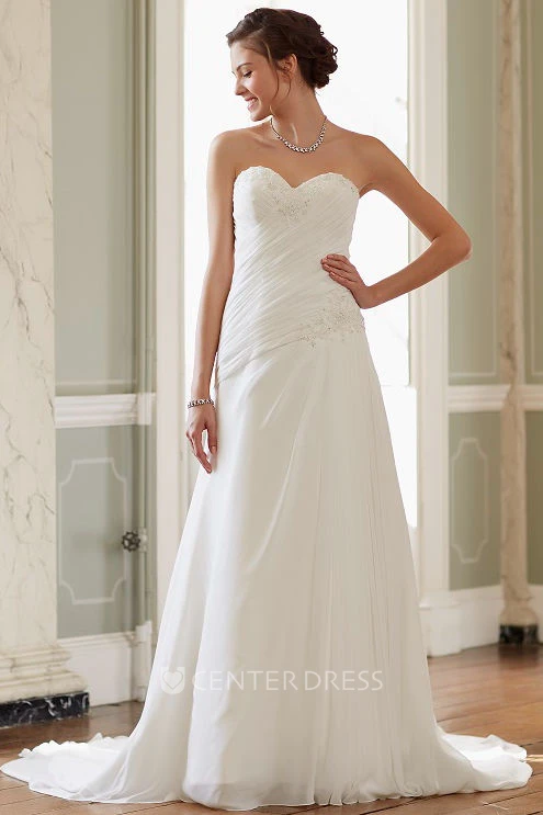 Long Sweetheart Ruched Chiffon Wedding Dress With Court Train And Corset Back